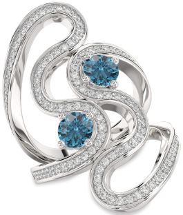 Blue Diamond Silver Round Two Stone Pave Ring