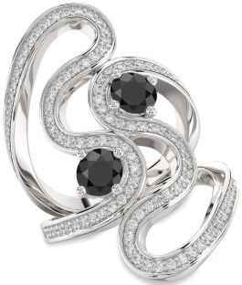 Diamond Black Onyx Silver Round Two Stone Pave Ring