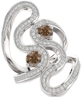 Chocolate Brown Diamond Silver Round Two Stone Pave Ring