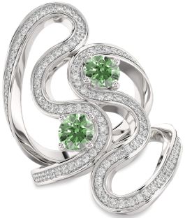 Green Diamond Silver Round Two Stone Pave Ring