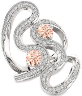 Diamond Morganite Silver Round Two Stone Pave Ring