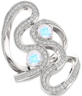 Diamond Moonstone Silver Round Two Stone Pave Ring