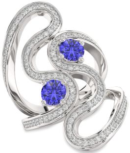 Diamond Tanzanite Silver Round Two Stone Pave Ring
