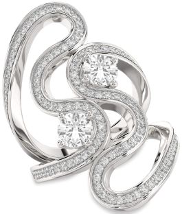 Diamond White Sapphire Silver Round Two Stone Pave Ring