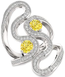 Yellow Diamond Silver Round Two Stone Pave Ring