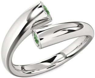 Green Diamond Silver Round Two Stone Ring