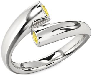 Yellow Diamond Silver Round Two Stone Ring