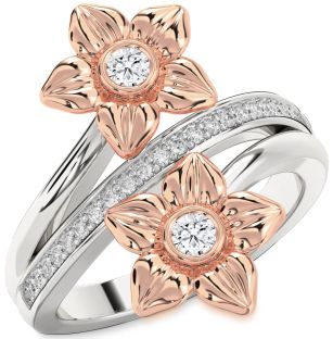 Diamond Silver & 10K Rose Gold Flower Round Two Stone Ring