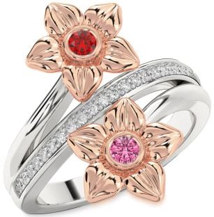 Diamond Rose Gold Silver Flower Round Two Stone Promise Ring