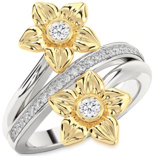 Diamond Silver & 10K gold Flower Round Two Stone Ring