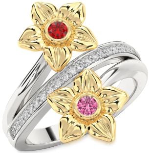 Diamond Gold Silver Flower Round Two Stone Promise Ring