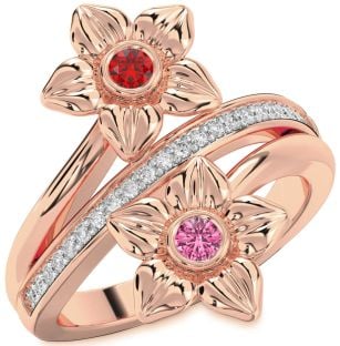 Diamond Rose Gold Silver Flower Round Two Stone Promise Ring