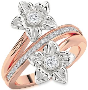 Diamond White Rose Gold Flower Round Two Stone Ring