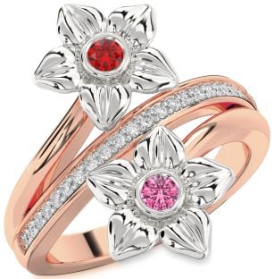 Diamond Rose Gold Silver Flower Round Two Stone Promise Ring