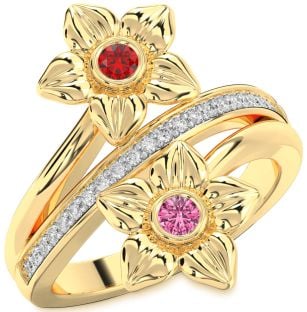 Diamond Gold Silver Flower Round Two Stone Promise Ring