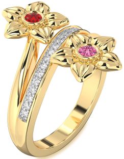 Diamond Gold Flower Round Two Stone Promise Ring