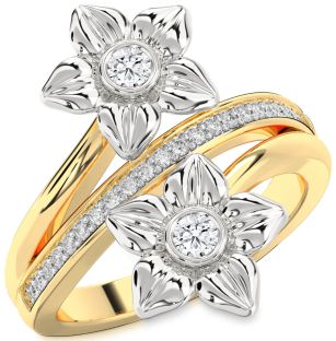 Diamond White Yellow Gold Flower Round Two Stone Ring