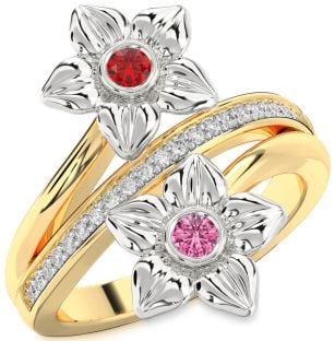Diamond Gold Silver Flower Round Two Stone Promise Ring