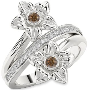 Chocolate Brown Diamond Silver Flower Round Two Stone Ring