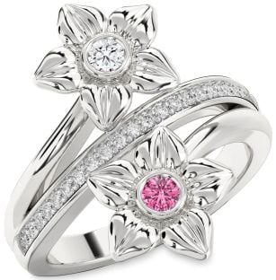 Diamond Silver Flower Round Two Stone Promise Ring
