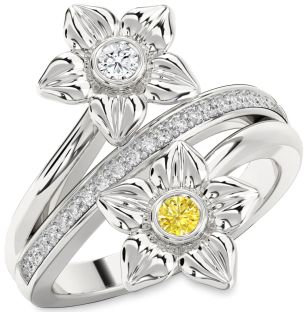 Diamond Silver Flower Round Two Stone Promise Ring