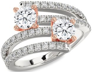 Diamond Silver & 10K Rose Gold Round Two Stone Ring