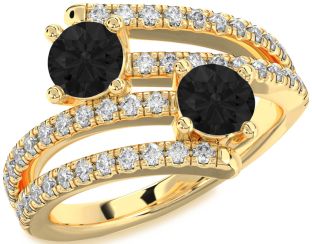 Black Diamond Gold Silver Round Two Stone Ring