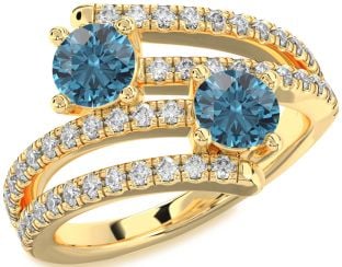 Blue Diamond Gold Silver Round Two Stone Ring