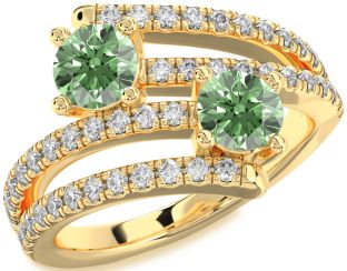 Green Diamond Gold Silver Round Two Stone Ring