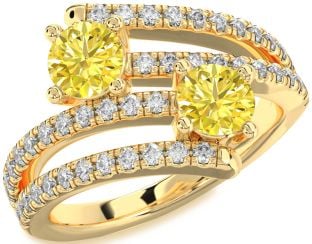 Yellow Diamond Gold Silver Round Two Stone Ring