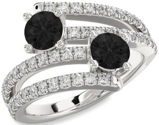 Black Diamond Silver Round Two Stone Ring