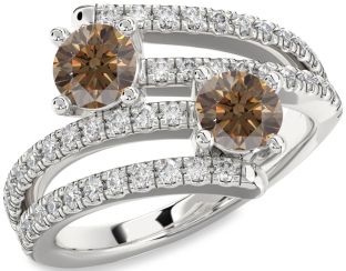 Chocolate Brown Diamond Silver Round Two Stone Ring