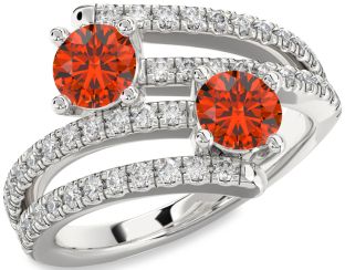 Diamond Fire Opal Silver Round Two Stone Ring
