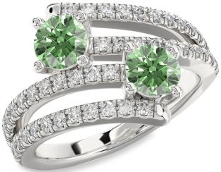 Green Diamond Silver Round Two Stone Ring