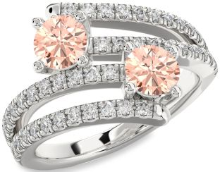 Diamond Morganite Silver Round Two Stone Ring