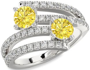 Yellow Diamond Silver Round Two Stone Ring
