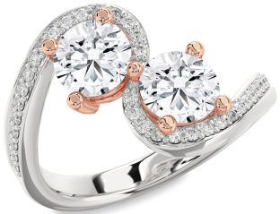 Diamond Silver & 10K Rose Gold Round Two Stone Ring