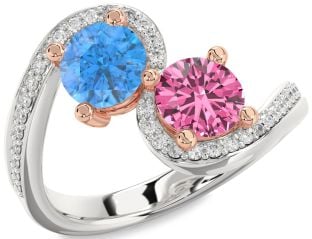 Diamond Silver & 10K Rose Gold Round Two Stone Pave Promise Ring