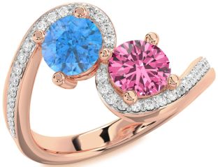 Diamond Rose Gold Silver Round Two Stone Pave Promise Ring