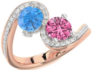 Diamond Rose Gold Silver Round Two Stone Pave Promise Ring