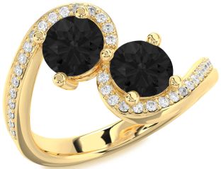 Black Diamond Gold Silver Round Two Stone Pave Ring