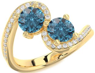 Blue Diamond Gold Silver Round Two Stone Pave Ring