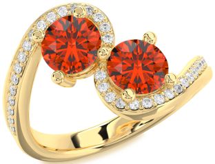 Diamond Fire Opal Gold Silver Round Two Stone Pave Ring