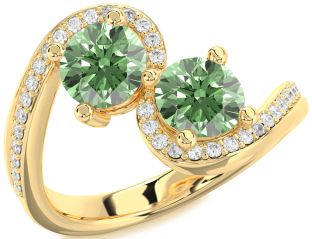Green Diamond Gold Silver Round Two Stone Pave Ring