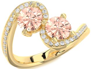 Diamond Morganite Gold Round Two Stone Pave Ring