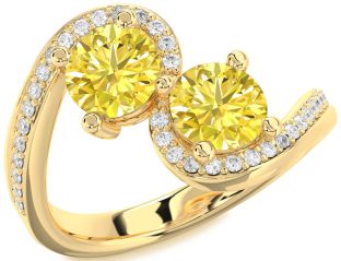 Yellow Diamond Gold Silver Round Two Stone Pave Ring