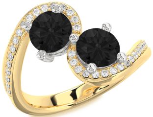 Black Diamond Gold Silver Round Two Stone Pave Ring