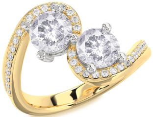 Salt & Pepper Diamond Gold Silver Round Two Stone Pave Ring