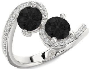 Black Diamond Silver Round Two Stone Pave Ring