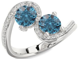 Blue Diamond Silver Round Two Stone Pave Ring